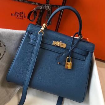 Hermes Kelly 25cm Retourne Clemence Bag in Agate Blue Leather