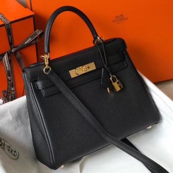 Hermes Kelly 25cm Retourne Clemence Bag in Black Leather