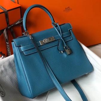 Hermes Kelly 25cm Retourne Clemence Bag in Blue Jean Leather