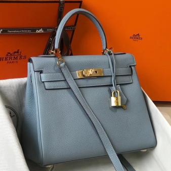 Hermes Kelly 25cm Retourne Clemence Bag in Blue Lin Leather