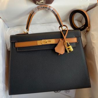 Hermes Kelly 28 Bicolor Bag in Black/Gold Epsom Calfskin