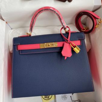 Hermes Kelly 28 Bicolor Bag in Blue Saphir/Rose Lipstick Epsom Calfskin