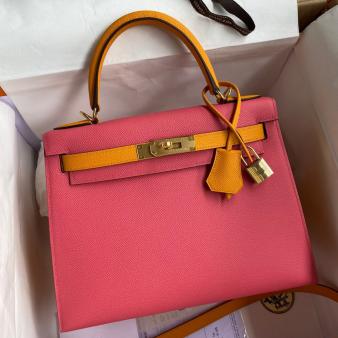 Hermes Kelly 28 Bicolor Bag in Rose Lipstick/Yellow Epsom Calfskin