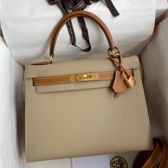 Hermes Kelly 28 Bicolor Bag in Trench/Gold Epsom Calfskin