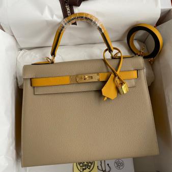 Hermes Kelly 28 Bicolor Bag in Trench/Yellow Epsom Calfskin