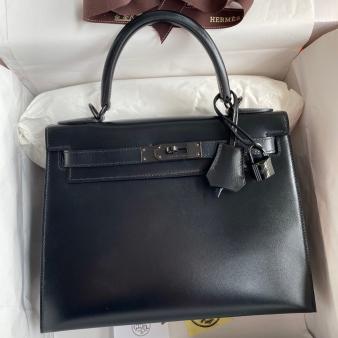 Hermes Kelly 28 Handmade Bag in Black Box Calfskin