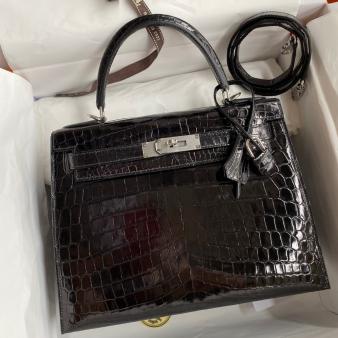 Hermes Kelly 28 Handmade Bag in Black Crocodile Niloticus Shiny Skin