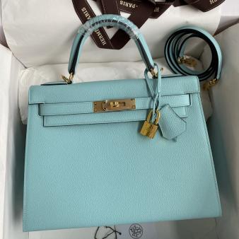 Hermes Kelly 28 Handmade Bag in Blue Atoll Epsom Calfskin