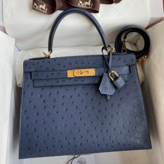 Hermes Kelly 28 Handmade Bag in Blue Iris Ostrich Leather