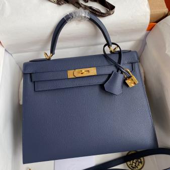 Hermes Kelly 28 Handmade Bag in Blue Saphir Epsom Calfskin