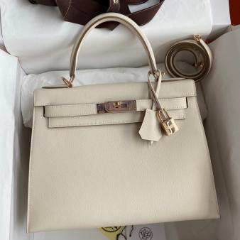 Hermes Kelly 28 Handmade Bag in Craie Evercolor Calfskin