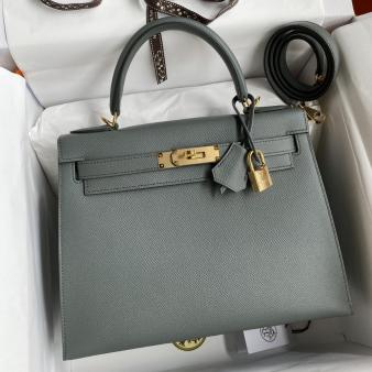 Hermes Kelly 28 Handmade Bag in Epsom Calfskin Vert Amande