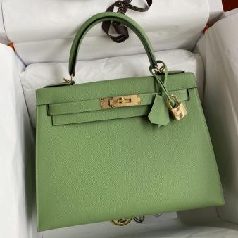 Hermes Kelly 28 Handmade Bag in Epsom Calfskin Vert Criquet