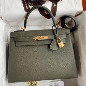 Hermes Kelly 28 Handmade Bag in Epsom Calfskin Vert De Gris