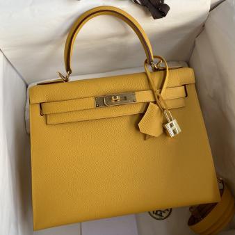 Hermes Kelly 28 Handmade Bag in Jaune Ambre Epsom Calfskin