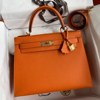 Hermes Kelly 28 Handmade Bag in Orange Epsom Calfskin