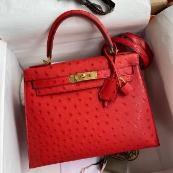 Hermes Kelly 28 Handmade Bag in Red Ostrich Leather