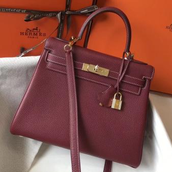 Hermes Kelly 28cm Bag in Bordeaux Clemence Leather GHW