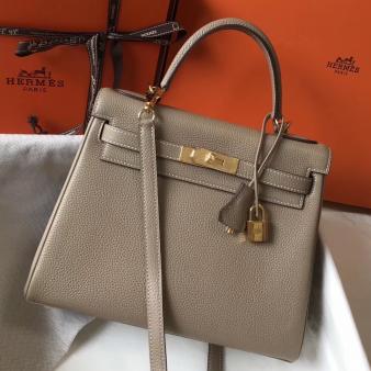 Hermes Kelly 28cm Bag in Gris Tourterelle Clemence Leather GHW