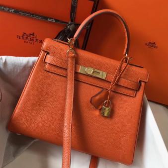 Hermes Kelly 28cm Bag in Orange Clemence Leather GHW