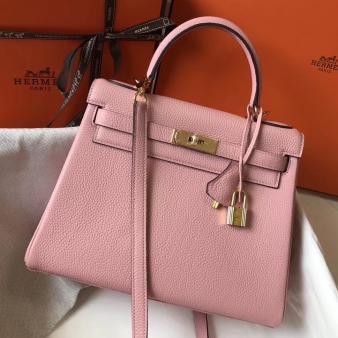 Hermes Kelly 28cm Bag in Pink Clemence Leather GHW