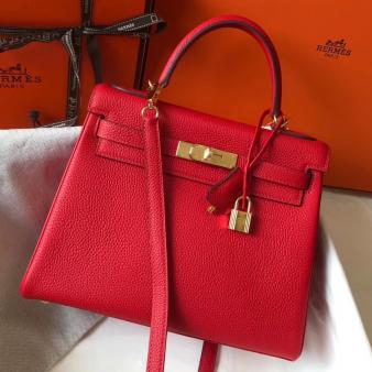 Hermes Kelly 28cm Bag in Red Clemence Leather GHW