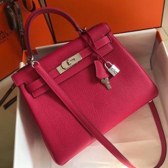 Hermes Kelly 28cm Bag in Rose Red Clemence Leather PHW