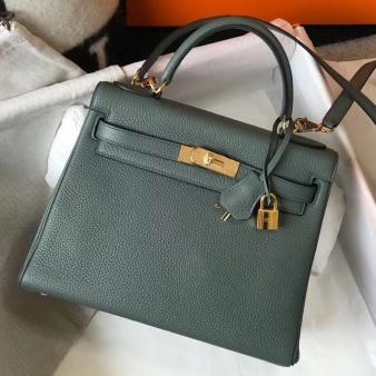 Hermes Kelly 28cm Bag in Vert Amande Clemence Leather GHW