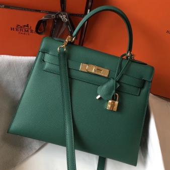 Hermes Kelly 28cm Bag in Vert Vertigo Epsom Leather GHW