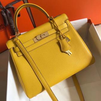 Hermes Kelly 28cm Bag in Yellow Clemence Leather GHW