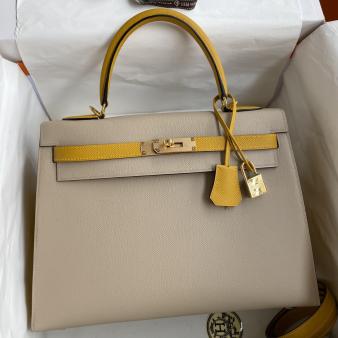 Hermes Kelly 32 Bicolor Bag in Trench/Yellow Epsom Calfskin