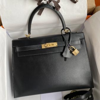 Hermes Kelly 32 Handmade Bag in Black Box Calfskin