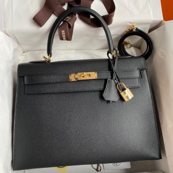 Hermes Kelly 32 Handmade Bag in Black Epsom Calfskin