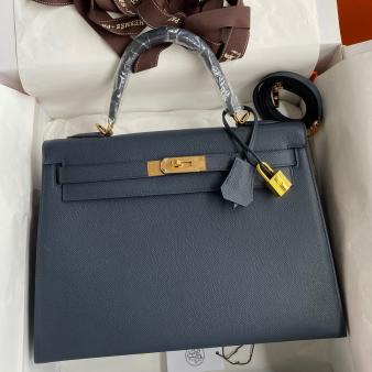 Hermes Kelly 32 Handmade Bag in Blue Indigo Epsom Calfskin