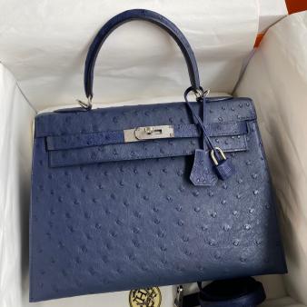 Hermes Kelly 32 Handmade Bag in Blue Iris Ostrich Leather