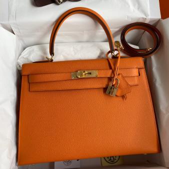 Hermes Kelly 32 Handmade Bag in Orange Epsom Calfskin