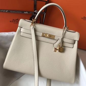 Hermes Kelly 32cm Bag in Beton Clemence Leather GHW