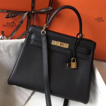 Hermes Kelly 32cm Bag in Black Clemence Leather GHW