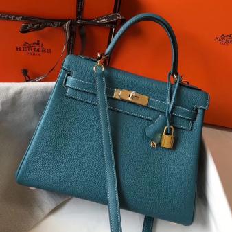 Hermes Kelly 32cm Bag in Blue Jean Clemence Leather GHW