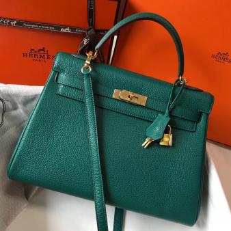 Hermes Kelly 32cm Bag in Malachite Clemence Leather GHW