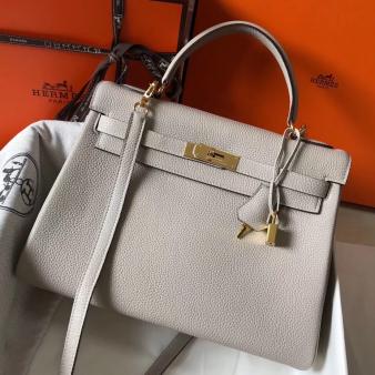 Hermes Kelly 32cm Bag in Pearl Grey Clemence Leather GHW