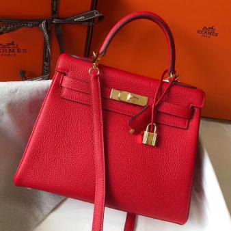 Hermes Kelly 32cm Bag in Red Clemence Leather GHW