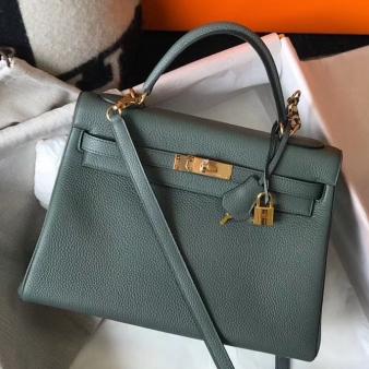 Hermes Kelly 32cm Bag in Vert Amande Clemence Leather GHW