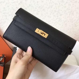 Hermes Kelly Classic Long Wallet in Black Epsom Leather