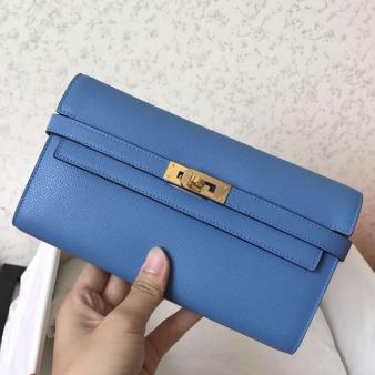 Hermes Kelly Classic Long Wallet in Blue Jean Epsom Leather