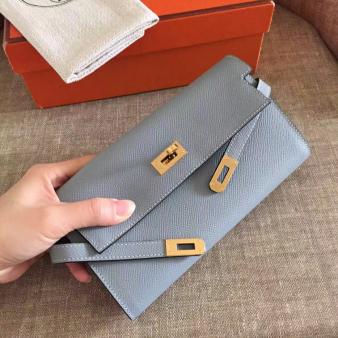 Hermes Kelly Classic Long Wallet in Ciel Epsom Leather