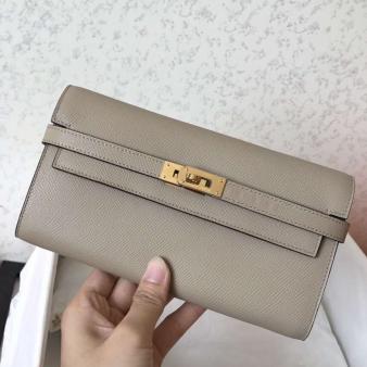 Hermes Kelly Classic Long Wallet in Grey Epsom Leather