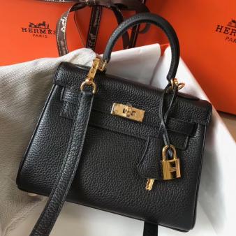 Hermes Kelly Clemence 20cm Bag in Black Leather GHW