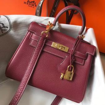 Hermes Kelly Clemence 20cm Bag in Bordeaux Leather GHW