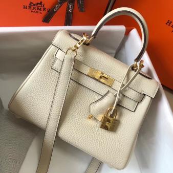 Hermes Kelly Clemence 20cm Bag in Craie Leather GHW